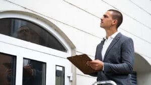 A person inspecting a house, taking notes and pictures